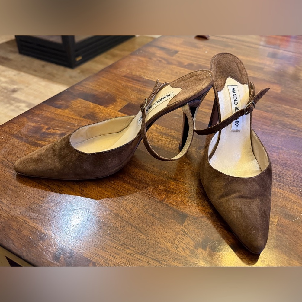 Manolo Blahnik Brown Suede Pointed-Toe Slingback Heels